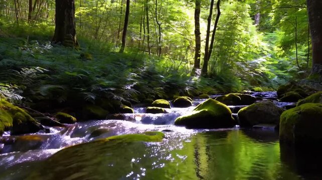 A babbling brook cuts through a lush forest, its crystal-clear water shimmering in the sun.