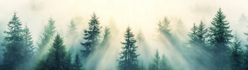 Ethereal Light Beams in Enchanted Dark Forest - Mystical Atmosphere with Foggy Glow ideal for Adventure