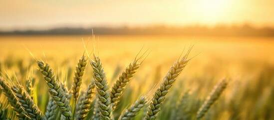 Obraz premium A golden wheat field at sunset, showcasing vibrant grains swaying gently in the breeze under a warm, glowing sky.