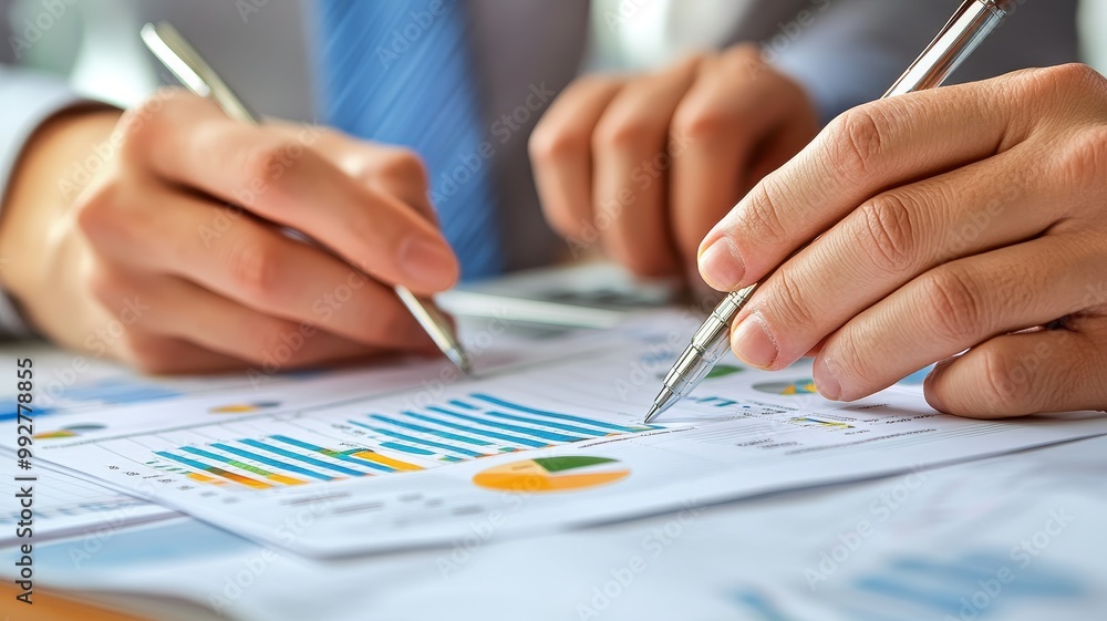 Poster a close-up view of hands examining financial charts and data, highlighting analytical work with grap