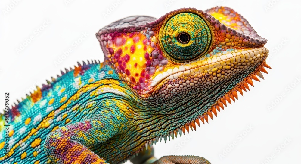Poster a vibrant close-up of a chameleon displaying an array of colorful scales and intricate textures.