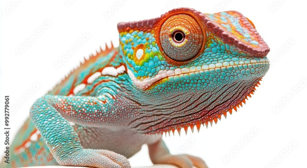 Poster a vibrant close-up of a colorful chameleon showcasing its striking skin patterns and unique features