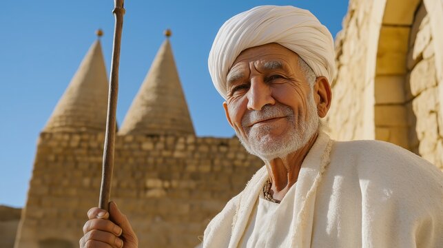 Elderly Yezidi Cleric Smiling in Traditional White Attire Holding a Staff in Historical Architecture Setting