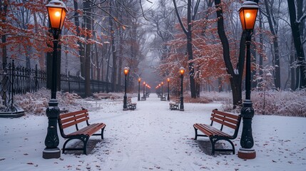 Footpath in a fabulous winter city park 