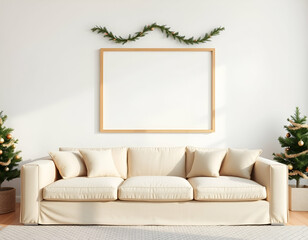 mockup Empty white frame, Scandinavian living room decor, Christmas, sofa beige, christmas tree, light