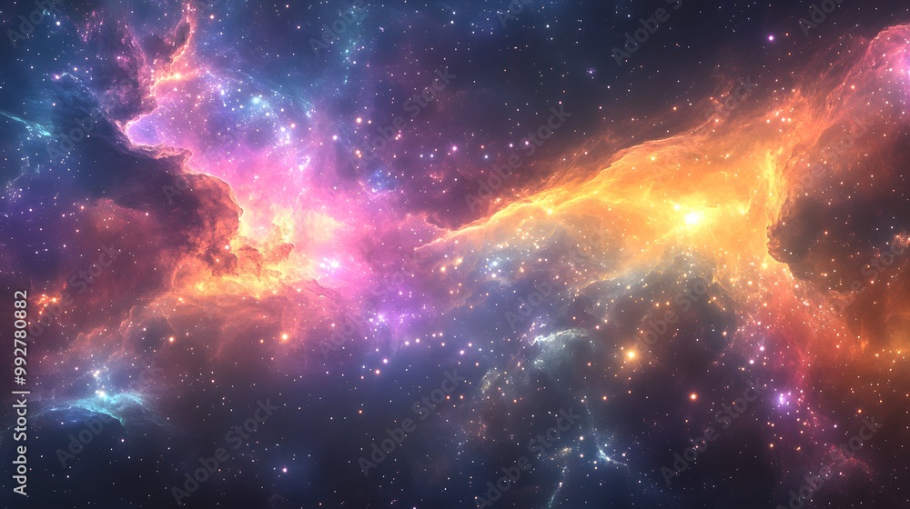 Poster 11. a dreamy cosmic background with colorful star clusters and wispy clouds of interstellar gas, cre