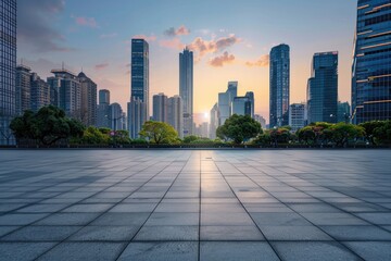 Empty square front of city skyline.