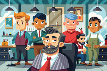 Obraz premium Several clients are waiting in a barber shop while one is seated for a haircut, Customizable isometric illustration of clients waiting at a barbershop.