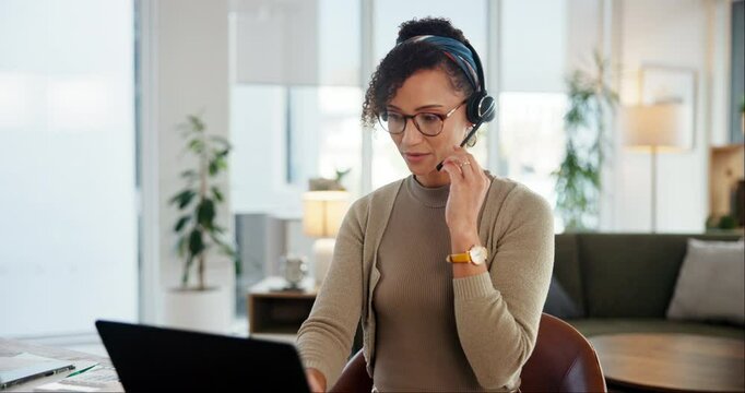 Laptop, teacher and woman on microphone in home office for remote work, typing or webinar. African freelancer, headset or online tutor on computer for education, learning or teaching math to students
