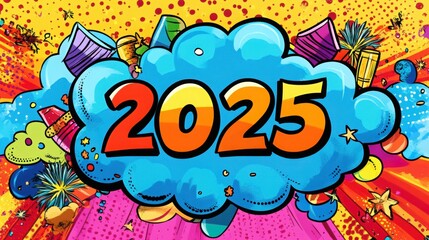 Banner New Year 2025 in pop art and comics book style.
