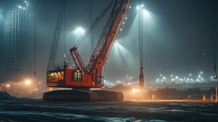 Construction Crane at Night with City Skyline and Fog