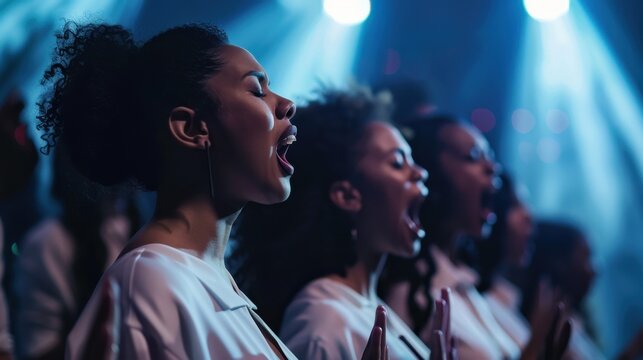 A group of women in a choir sing with passion and intensity under blue stage lights. Their voices soar as they perform.