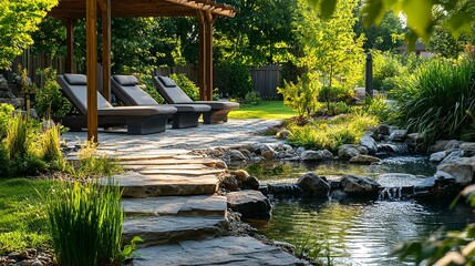A calm spa garden with a stone pathway calming waterfall in it UHD, 4k, Image