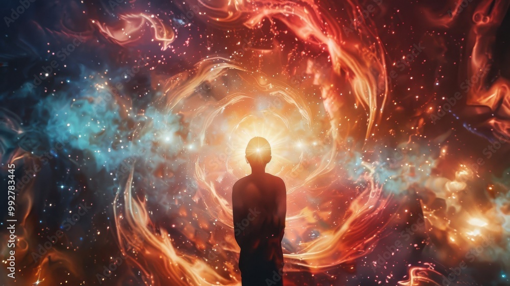 Wall mural a silhouette of a person standing in a swirling nebula, with a bright light emanating from their hea