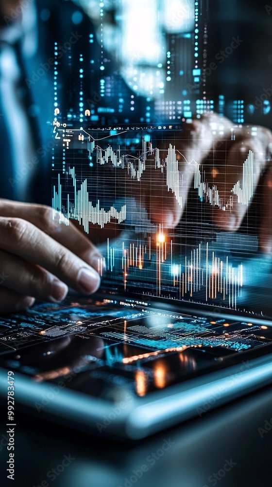 Poster visual of economic policy documents with graphs and charts, being analyzed by experts in a high-tech