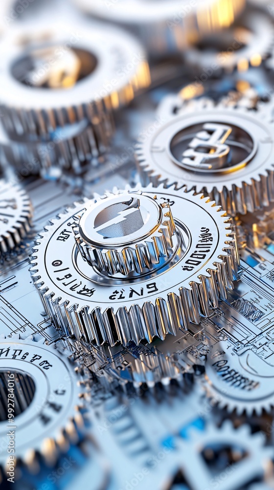 Poster macro view of interconnected gears labeled with economic terms, representing complex policy mechanis