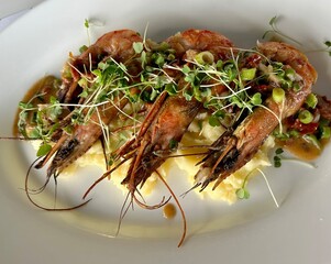 delicious grilled tiger prawns served with mashed potatoes and herbs