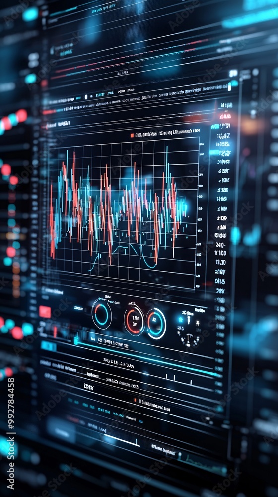 Poster digital dashboard displaying key economic indicators and policy impacts, concept of real-time econom
