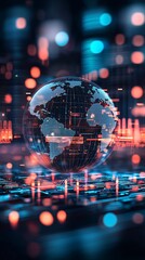 Fototapeta premium Close-up of a digital globe with economic policy impacts rippling across continents, concept of global economic integration