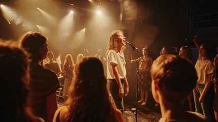 A young woman sings into a microphone on stage at a concert, with an enthusiastic crowd cheering in front of her.