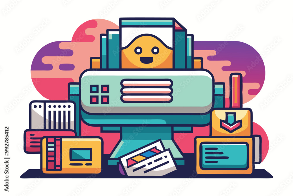 Poster a cheerful printer is surrounded by colorful print materials and tools, ready for customization and 