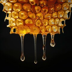 Honey dripping from a honeycomb on a black background. Golden liquid flowing down. Sweet, natural, and delicious.