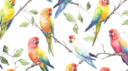 Vibrant watercolor illustration of colorful parrots on branches, perfect for nature-inspired designs and backgrounds.
