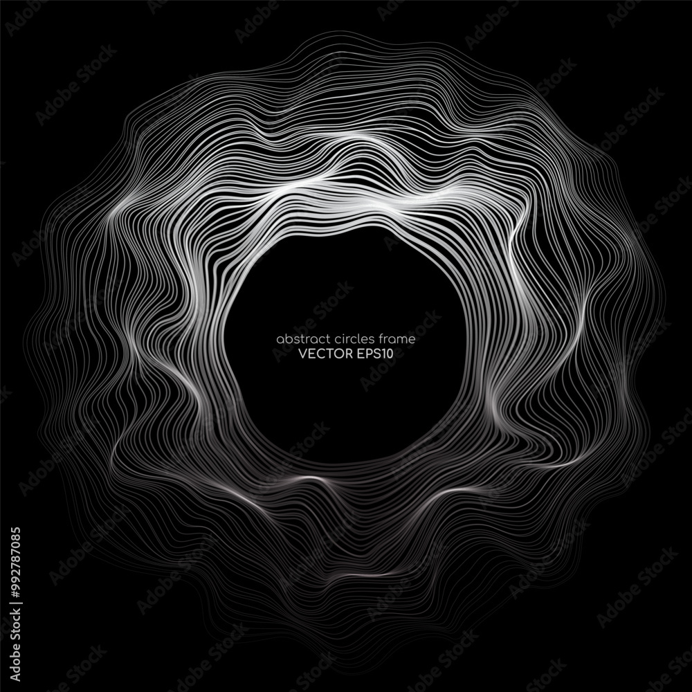 Poster Abstract circle shape wave lines light white grey gradient isolated on black background. Vector in concept, technology, science, music, modern.