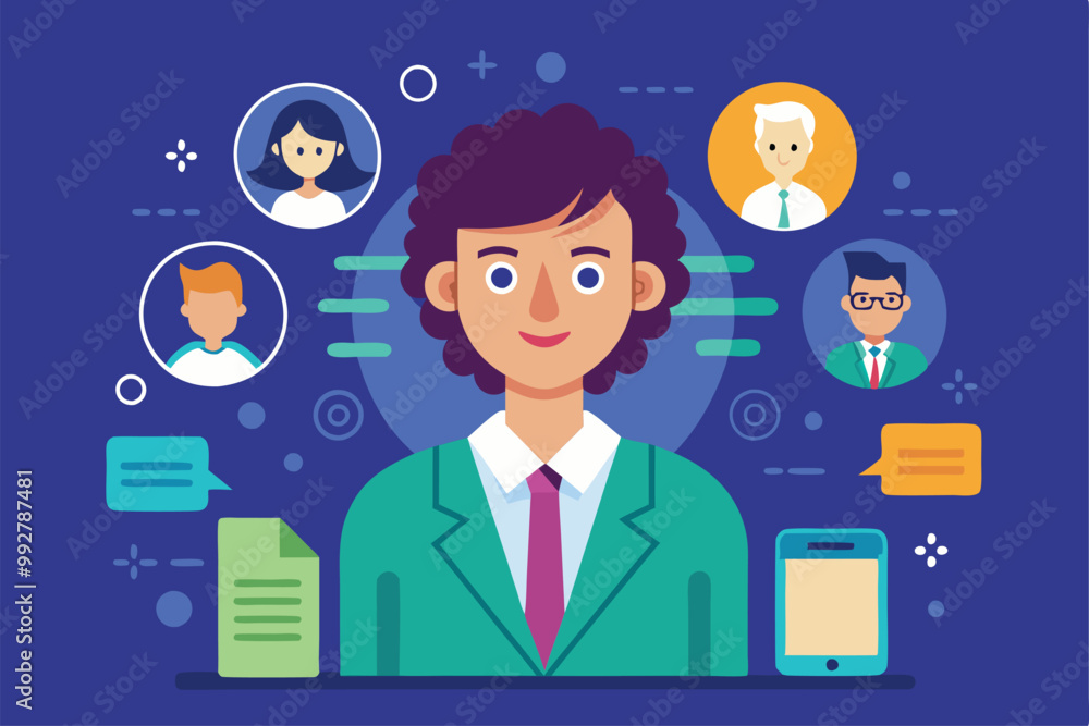 Aufkleber a cheerful character in a suit stands in front of various animated profiles and devices, indicating 