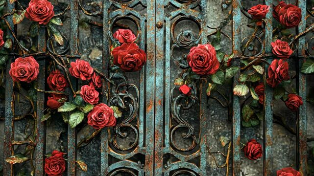 A vibrant rose bush climbs an ornate, rusted gate, adding a touch of beauty to the aged metal