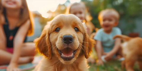 A happy golden retriever puppy in the foreground, smiling at the camera. In the background, children are playing and enjoying a sunny day outdoors.