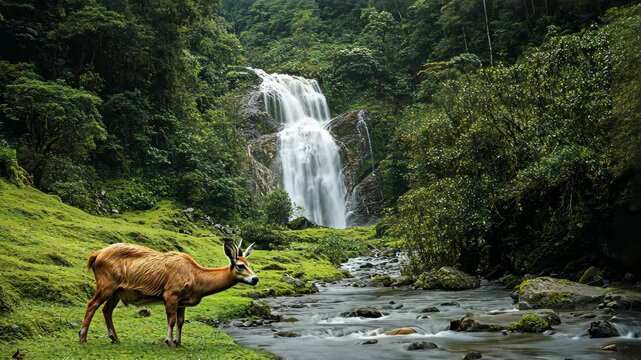 A deer stands by a stream in a lush forest, gazing at a waterfall cascading down a rocky cliff