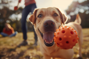 A playful golden retriever holding an orange rubber ball in its mouth, with a sunny outdoor park setting in the background. People are blurred in the background, enjoying the day.