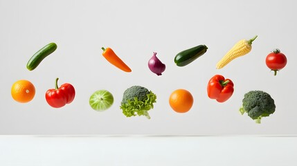 Vegetables falling in various positions on a white backdrop