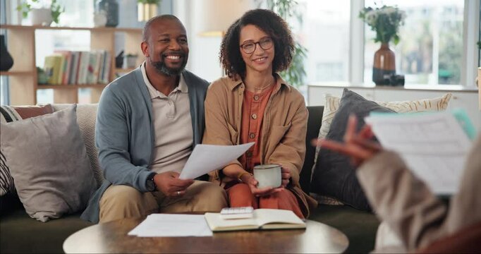 Couple, paper and meeting in home for budget, finance planning or investment opportunity on sofa. People, advisor and talking in living room with documents, insurance comparison or contract review