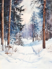 Fototapeta premium Watercolor illustration for christmas card. Winter landscape, snowy forest. Coniferous evergreen trees in the snow, snowfall. 