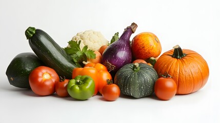 Cluster of mixed vegetables in mid-fall with depth of field on a white background
