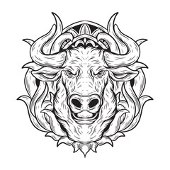 tattoo and t-shirt design black and white hand drawn buffalo with engraving ornament premium vector
