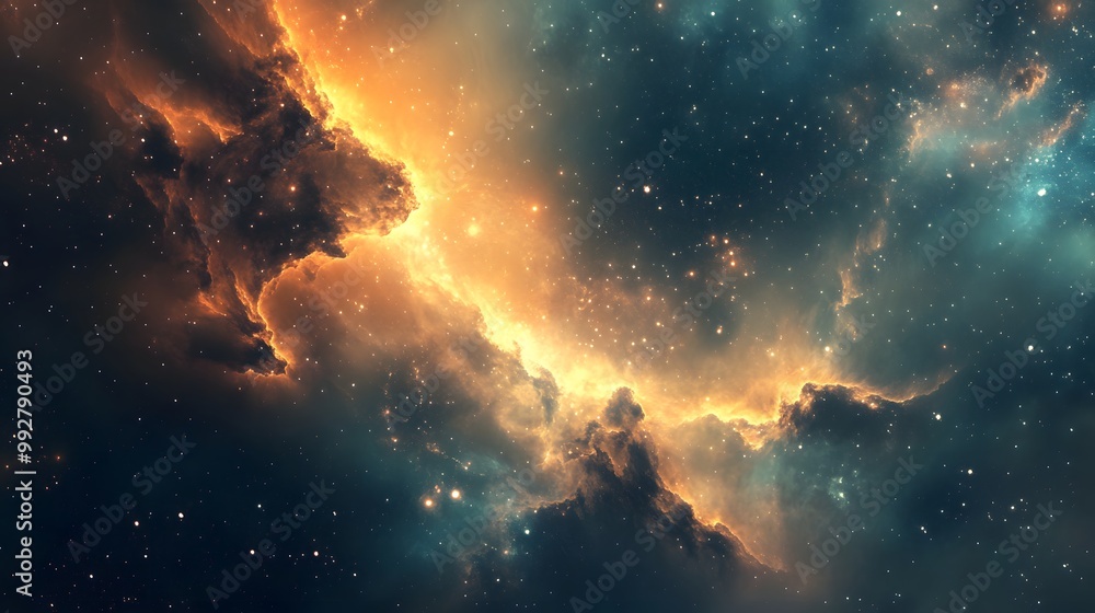 Poster 3. an abstract cosmic scene with shimmering cosmic dust and luminous celestial bodies, creating a se
