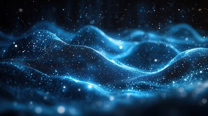 A dark blue background with wave patterns represents futuristic data technology and the flow of digital information.