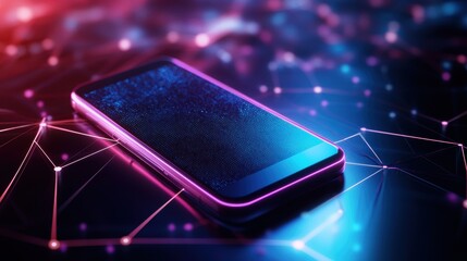 Smartphone on technology background. Neon glowing mobile phone on abstract dark background. Futuristic network connection