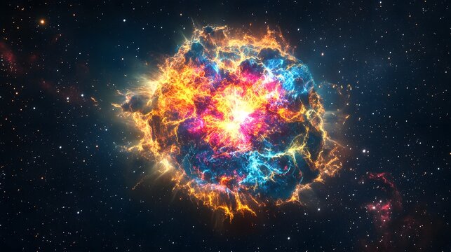 4. A vibrant supernova explosion, radiating brilliant colors and energy against a backdrop of starry darkness