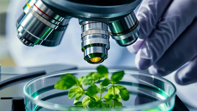 A microscope lens is positioned over a small plant in a petri dish