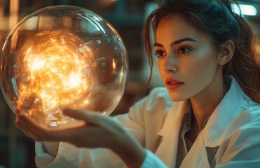Naklejka premium Female scientist in lab coat near glowing energy sphere, showcasing futuristic science experiment