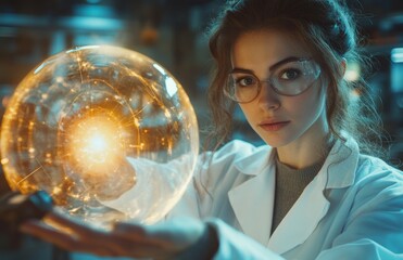 Female scientist in lab coat near glowing energy sphere, showcasing futuristic science experiment
