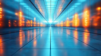 A defocused abstract technology background, reminiscent of a modern business corridor or medical lab.