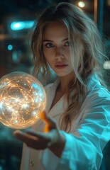 Naklejka premium Female scientist in lab coat near glowing energy sphere, showcasing futuristic science experiment