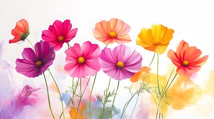 Obraz premium Vibrant cosmos flowers blooming in bright colors, placed on a clean white canvas, hyper real, high quality, sharp images, graphic, illustration