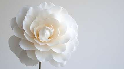 A perfect white camellia flower glowing in soft light, crisp white backdrop, hyper real, high quality, sharp images, graphic, illustration