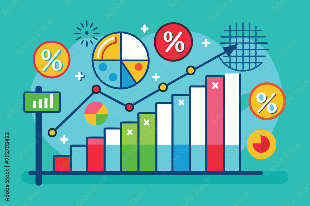 Poster a vibrant illustration displays a growth chart with colorful bars and various data visualizations il
